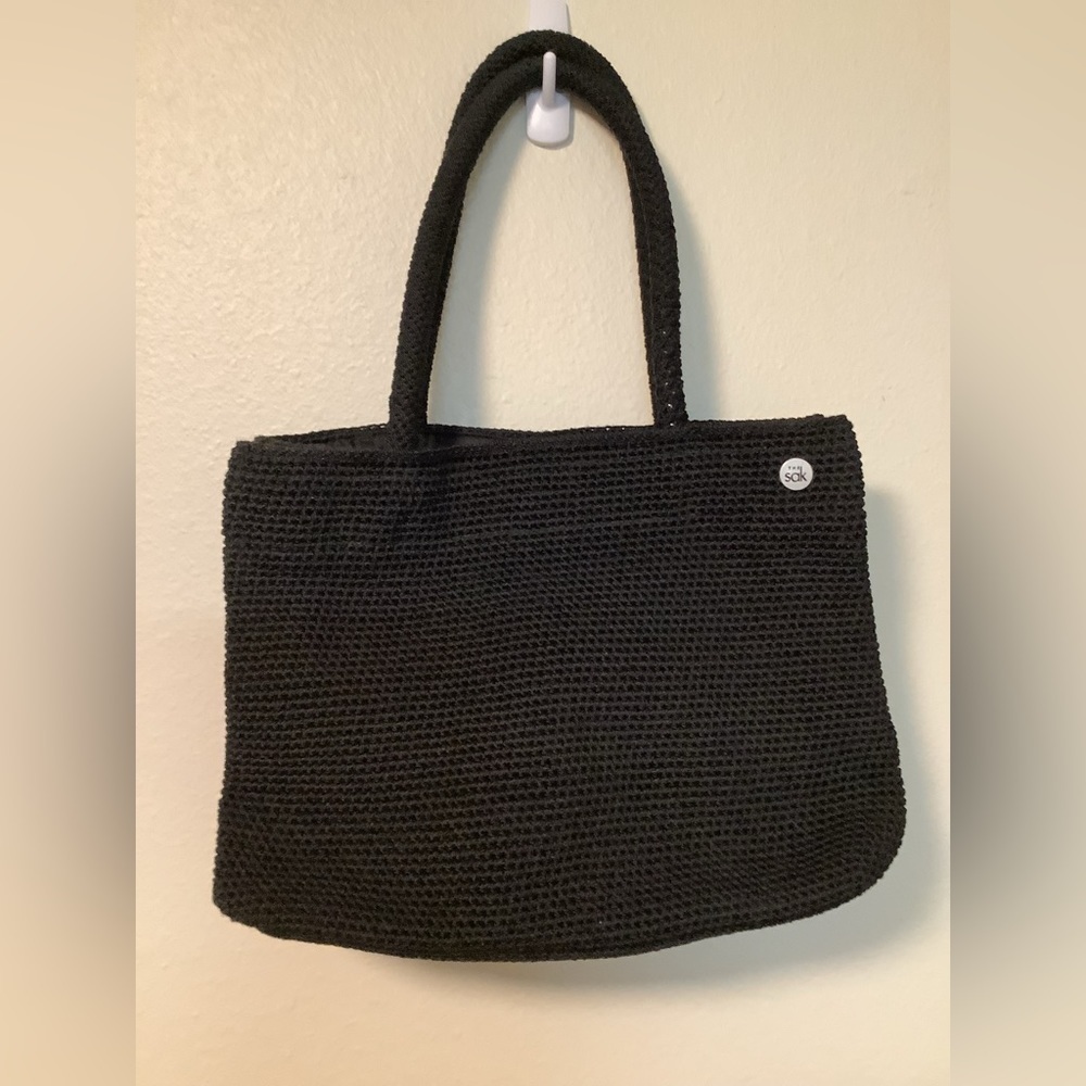 The Sak black woven crochet double handle tote‎ bag